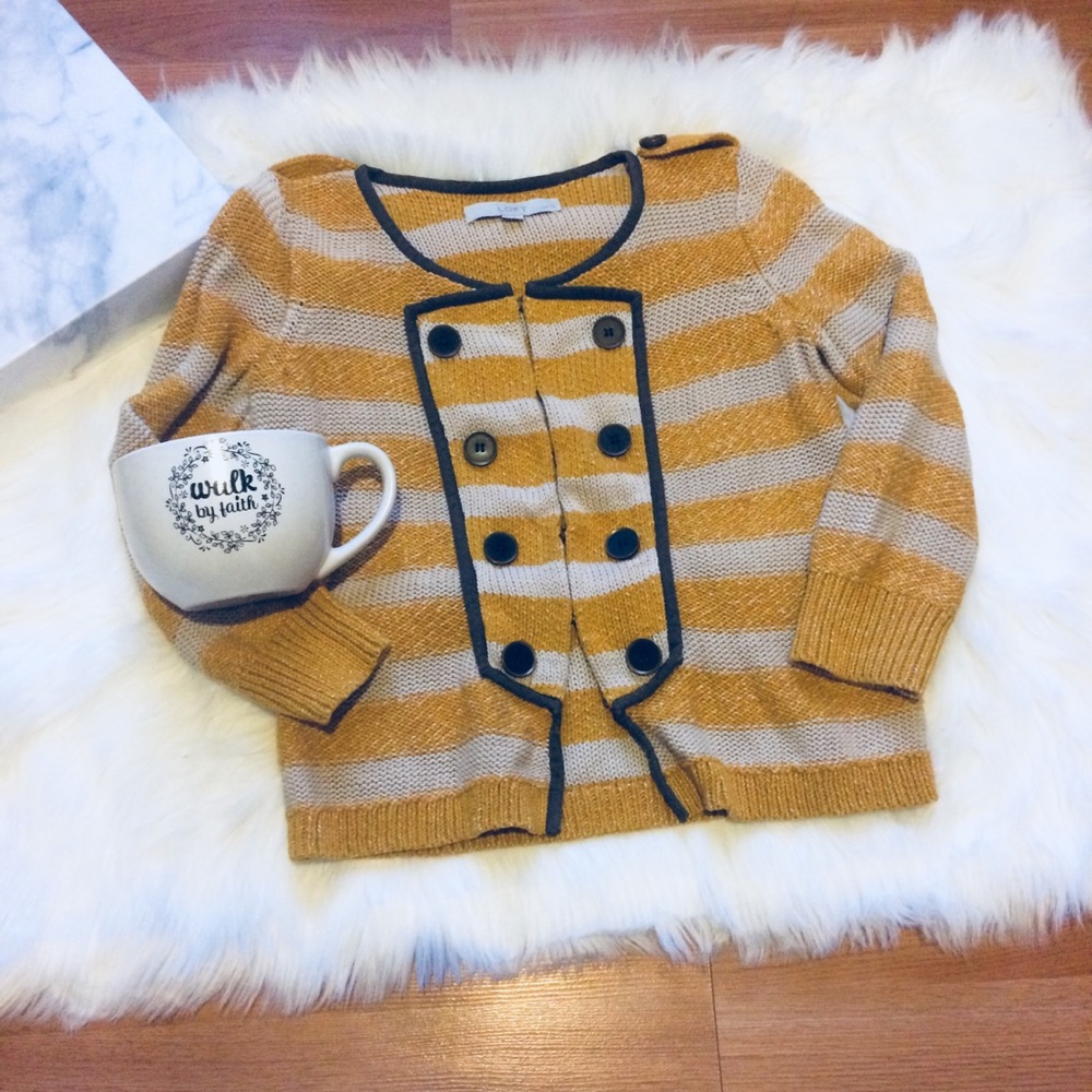 Mustard tan and gray loft cardigan sweater
